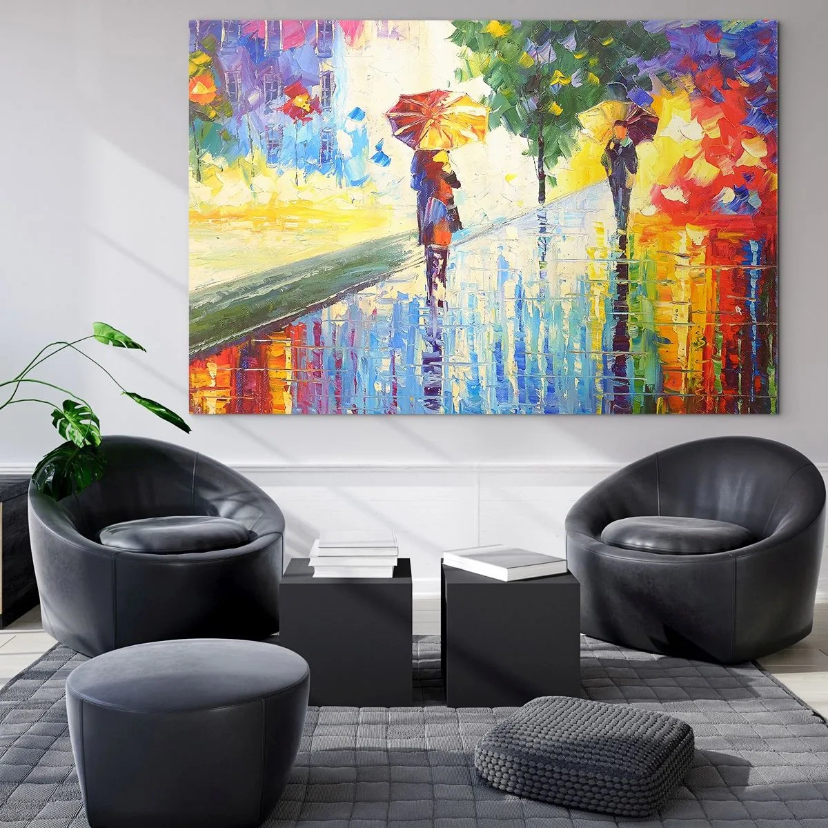 Glasbild - Bild auf glas - Ein farbenfroher Spaziergang im Regen mit einem Regenschirm im impressionistischen Stil - 100x70cm - Und alles klar - Moderne Wanddekoration für Wohnzimmer und Schlafzimmer ARTTOR
