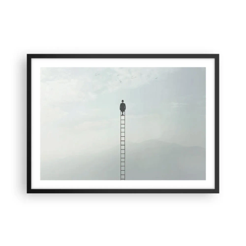 Poster in einem schwarzem Rahmen - Ein Mann auf einer Leiter, die in den Himmel ragt - 70x50cm - Erhebe dich darüber! - Moderne Wanddekoration für Wohnzimmer und Schlafzimmer ARTTOR