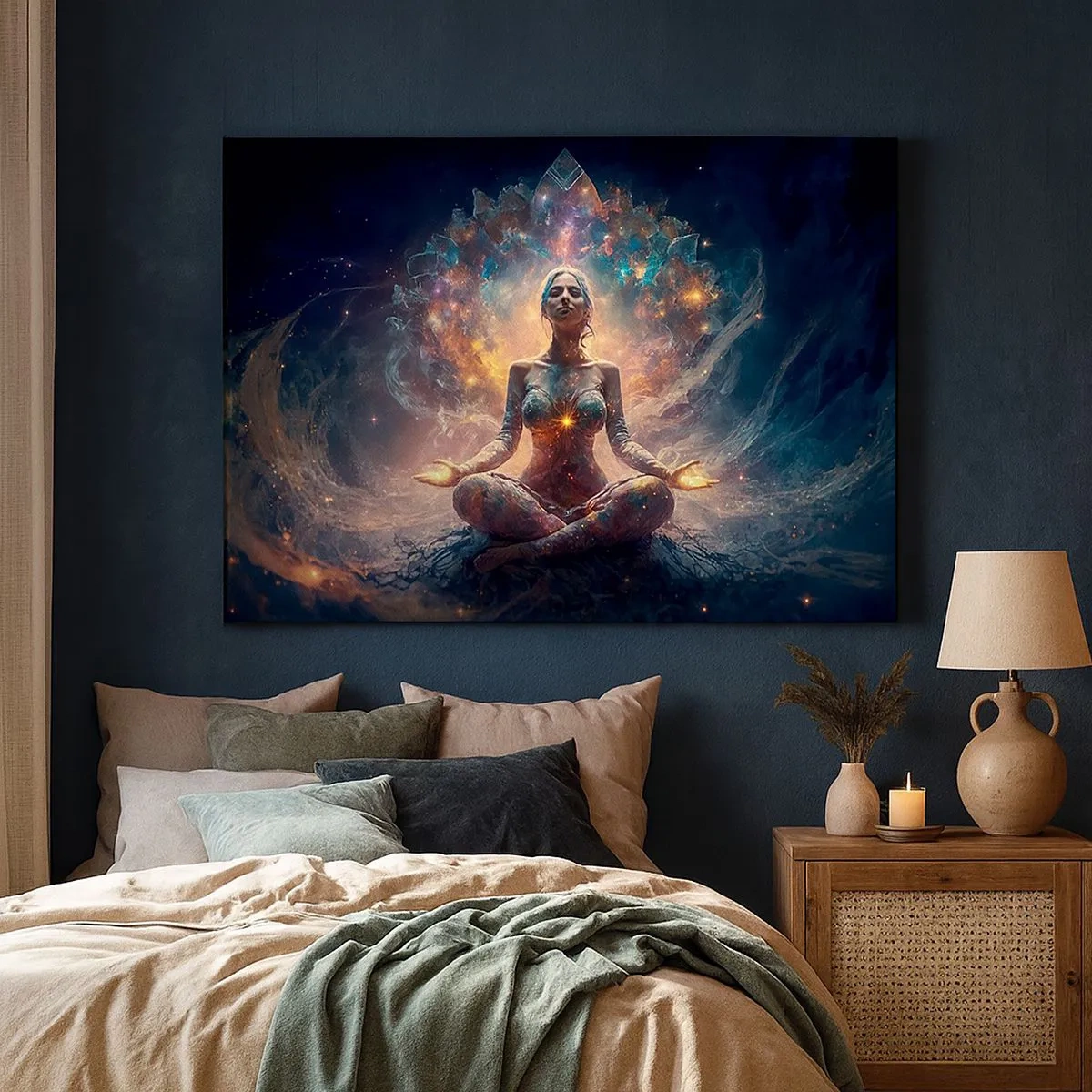 Bild auf Leinwand - Leinwandbild - Eine meditierende Figur, umgeben von energetischen Mustern und Farben. - 70x50cm - Fluss guter Energie - Moderne Wanddekoration für Wohnzimmer und Schlafzimmer ARTTOR