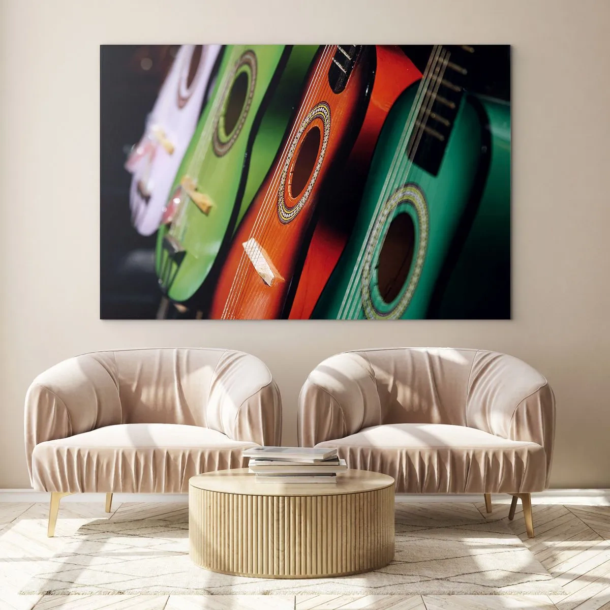 Glasbild - Bild auf glas - Bunte Gitarren in einer Reihe - 70x50cm - Die Gitarre hat viele Farben - Moderne Wanddekoration für Wohnzimmer und Schlafzimmer ARTTOR