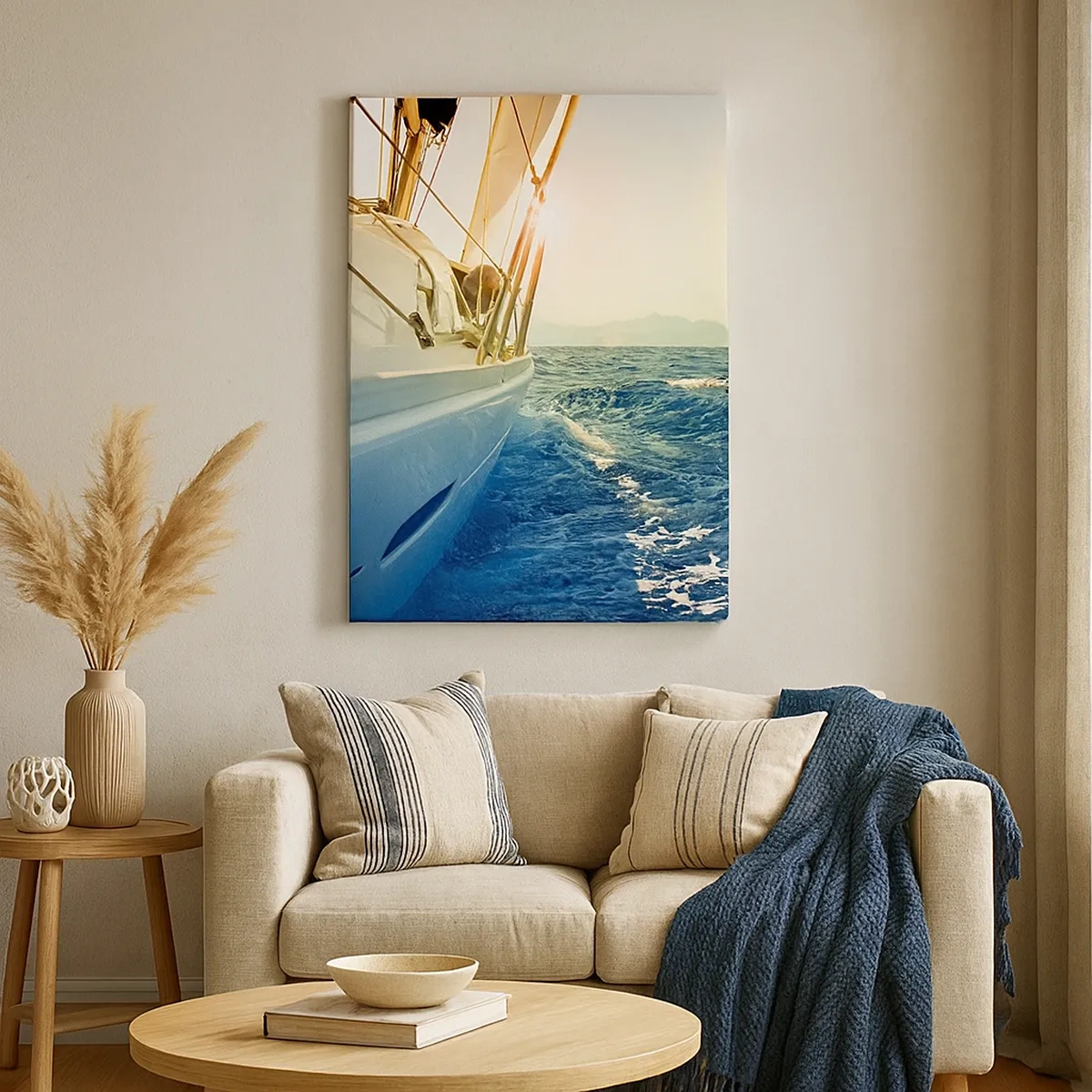Bild auf Leinwand - Leinwandbild - Eine Yacht auf offener See mit Blick auf die Wellen - 50x70cm - Auf ins Abenteuer - Moderne Wanddekoration für Wohnzimmer und Schlafzimmer ARTTOR
