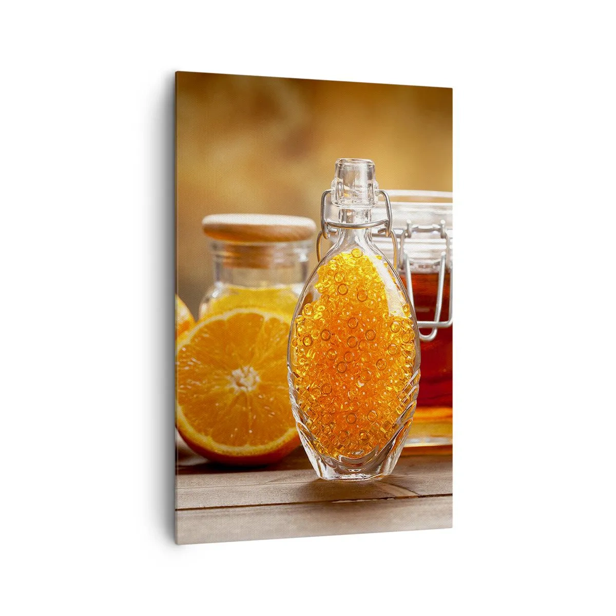 Bild auf Leinwand - Leinwandbild - Eine Flasche bernsteinfarbene Flüssigkeit und frische Orangen - 80x120cm - Sonnige Aromen und Düfte - Moderne Wanddekoration für Wohnzimmer und Schlafzimmer ARTTOR