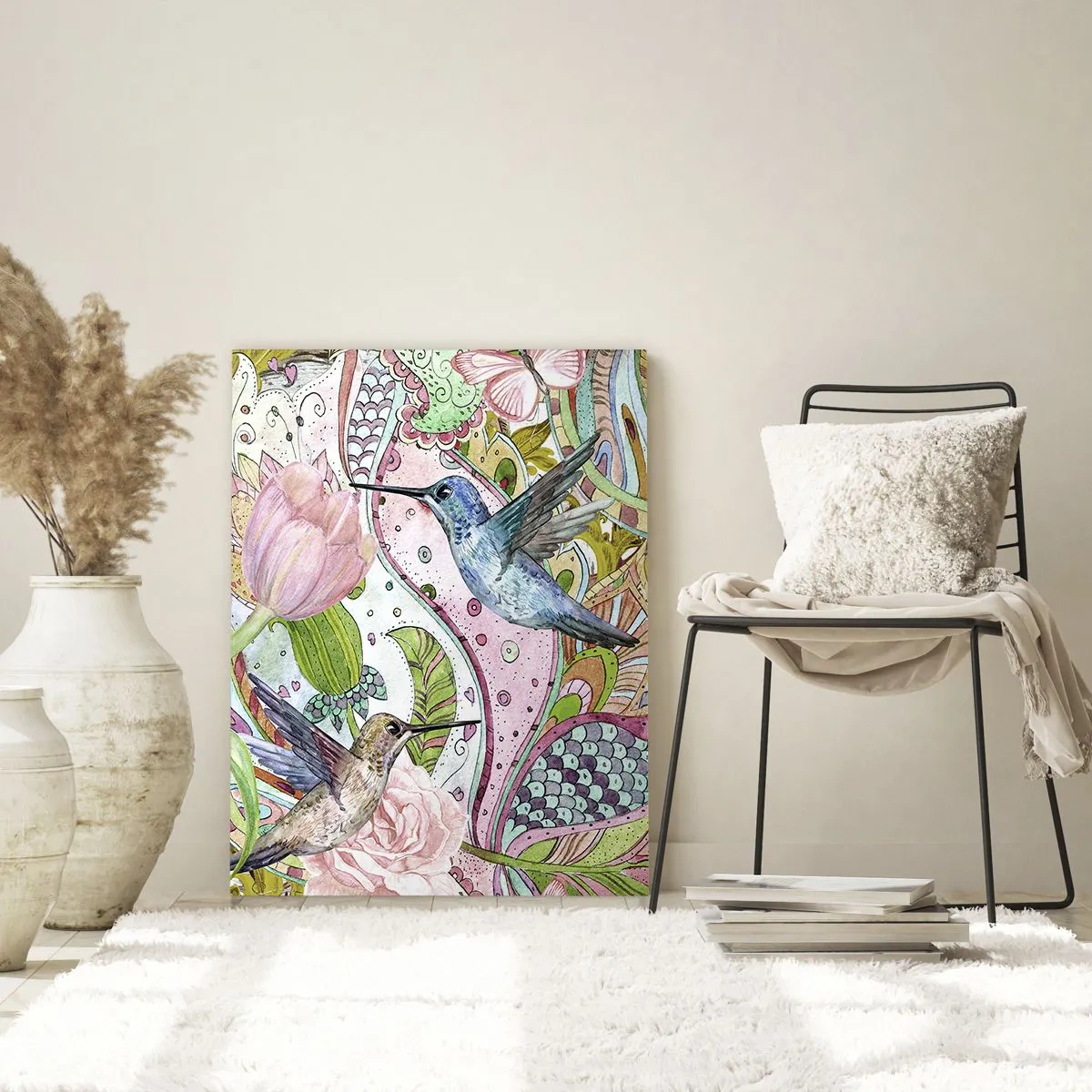 Glasbild - Bild auf glas - Bunte Kolibris zwischen Blumen und Schmetterlingen - 50x70cm - Verstrickt in Weinreben - Moderne Wanddekoration für Wohnzimmer und Schlafzimmer ARTTOR