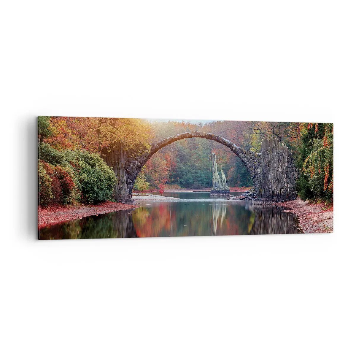 Bild auf Leinwand - Leinwandbild - Eine Steinbrücke in einer Herbstlandschaft über ruhigem Wasser - 140x50cm - Auf der anderen Seite des Spiegels - Moderne Wanddekoration für Wohnzimmer und Schlafzimmer ARTTOR