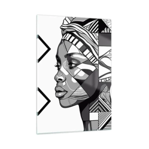 Glasbild - Bild auf glas - Schwarz-weißes ethnisches Porträt einer Frau mit geometrischen Mustern - 50x70cm - Ethnisches Porträt - Moderne Wanddekoration für Wohnzimmer und Schlafzimmer ARTTOR