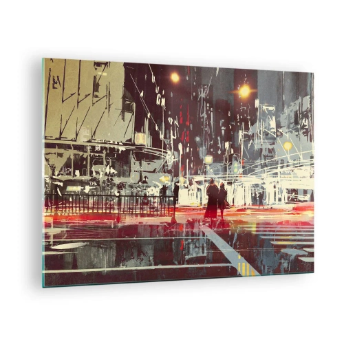 Glasbild - Bild auf glas - Nachtstadtbild mit Neonlichtern und Silhouetten von Passanten - 70x50cm - Eine große Stadtüberquerung - Moderne Wanddekoration für Wohnzimmer und Schlafzimmer ARTTOR