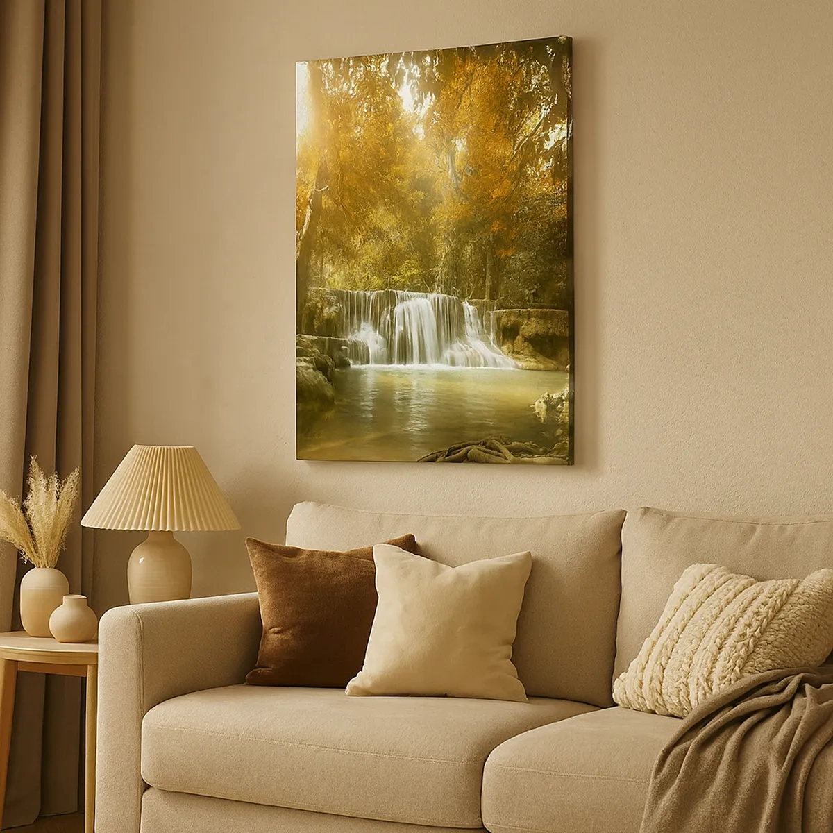 Bild auf Leinwand - Leinwandbild - Herbstlandschaft mit Wasserfall - 50x70cm - Parkkaskade - Moderne Wanddekoration für Wohnzimmer und Schlafzimmer ARTTOR