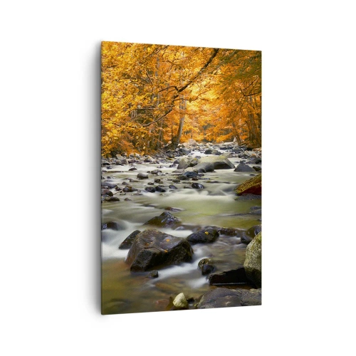Bild auf Leinwand - Leinwandbild - Ein Bach in einem herbstlichen Wald, umgeben von goldenen Blättern - 80x120cm - Ein Bach in einem goldenen Wald - Moderne Wanddekoration für Wohnzimmer und Schlafzimmer ARTTOR