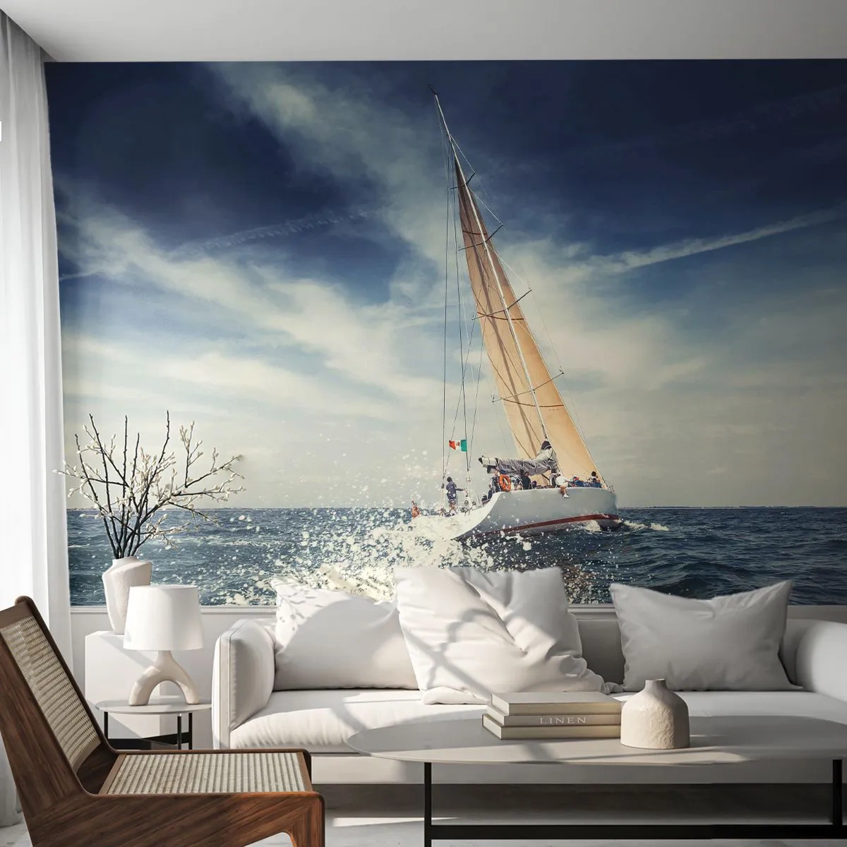 Selbstklebende Fototapete Deluxe Sticker - Sie werden uns nicht einholen! - Segelboot, Ozean, Segelyacht - 500x350 cm