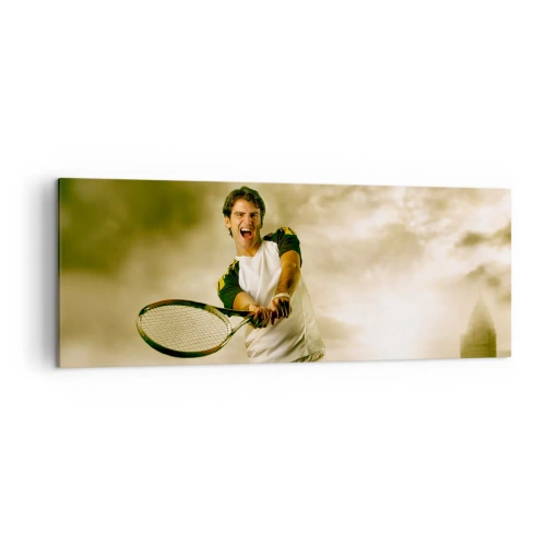Bild auf Leinwand - Leinwandbild - Tennisspieler in Aktion während eines Spiels vor dem Hintergrund einer urbanen Landschaft - 140x50cm - Energie und Freude - Moderne Wanddekoration für Wohnzimmer und Schlafzimmer ARTTOR