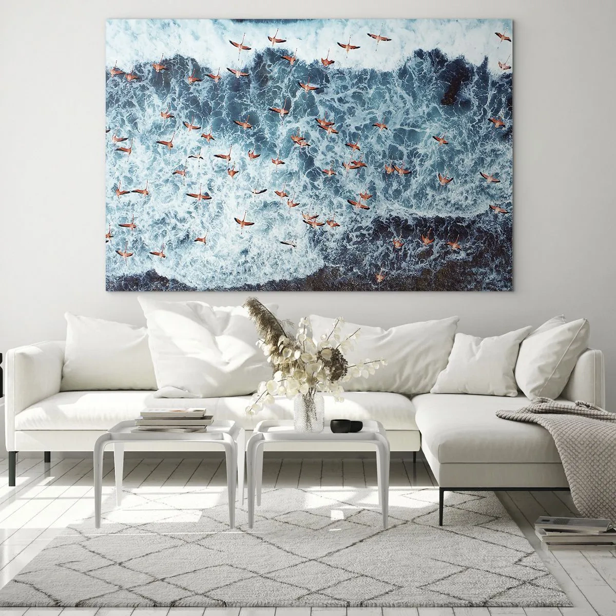Glasbild - Bild auf glas - Rosa Flamingos über den rauen Meereswellen - 70x50cm - Die Küstenparade - Moderne Wanddekoration für Wohnzimmer und Schlafzimmer ARTTOR
