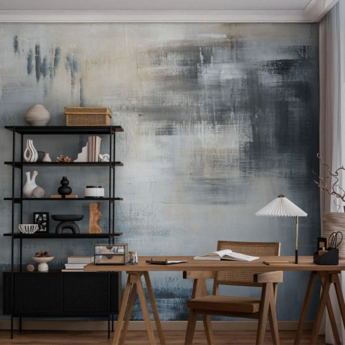 Fototapete Premium Sand - Abstrakte Komposition in Blau- und Grautönen - 100x70cm - Hinter dem blauen Vorhang - Moderne Wanddekoration für Wohnzimmer und Schlafzimmer ARTTOR