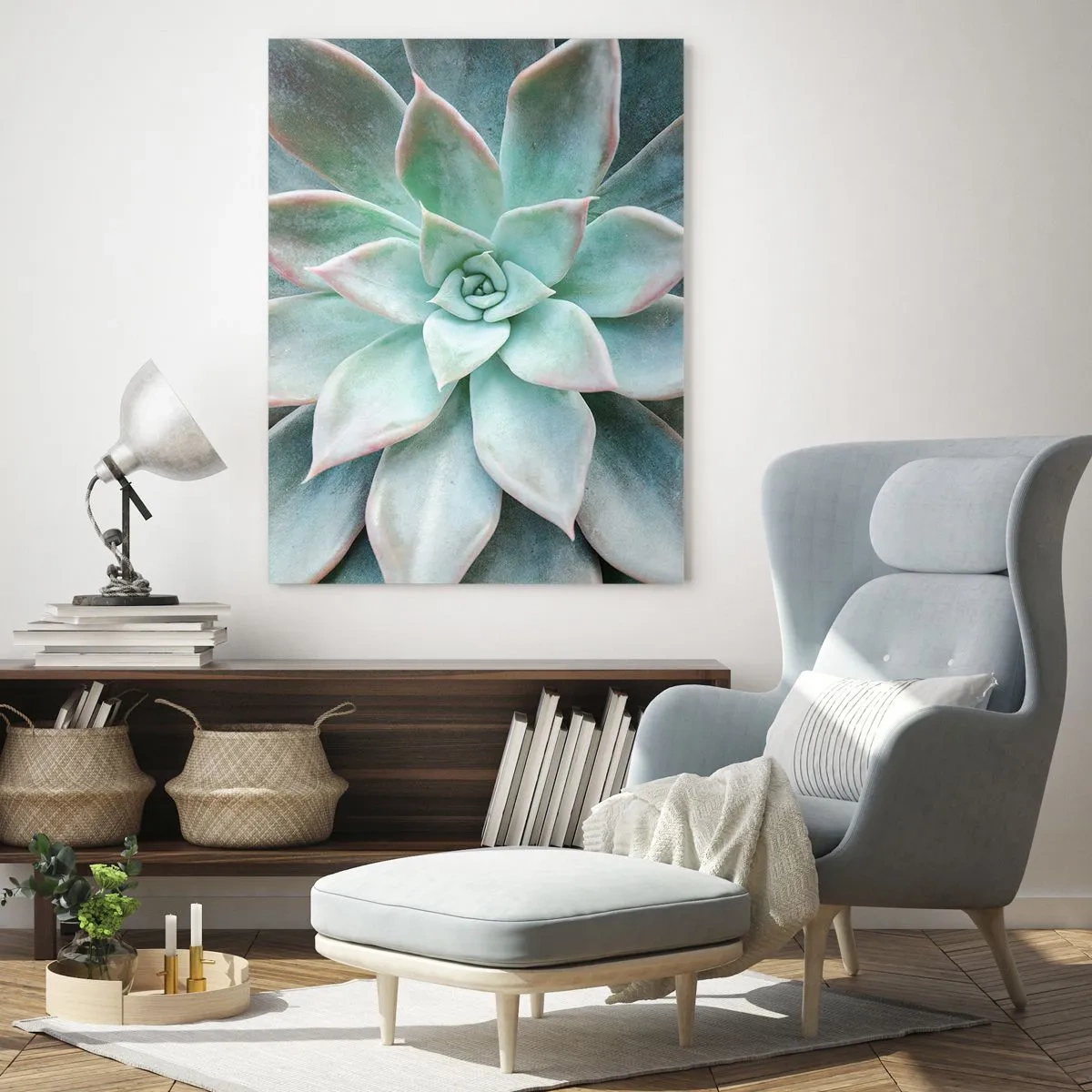 Glasbild - Bild auf glas - Trockene, saftige Blätter mit einem zarten, graugrünen Farbton - 50x70cm - Das Herz der Wüste - Moderne Wanddekoration für Wohnzimmer und Schlafzimmer ARTTOR