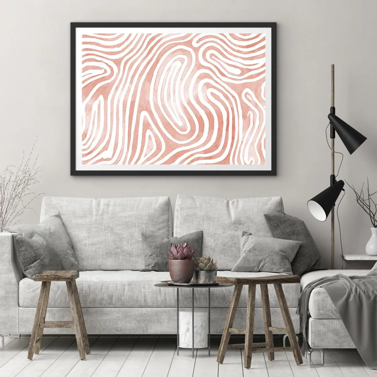 Poster in einem schwarzem Rahmen - Abstraktes Muster in Rosa- und Weißtönen - 70x50cm - Im Korallenlabyrinth - Moderne Wanddekoration für Wohnzimmer und Schlafzimmer ARTTOR