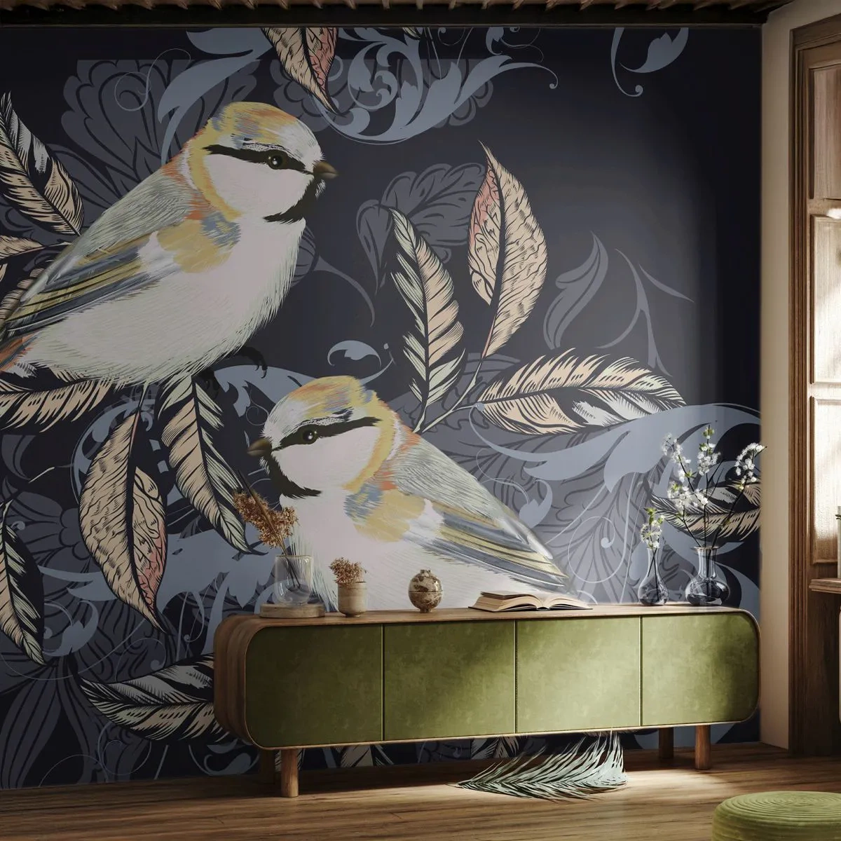 Fototapete Premium Sand - Illustration von Vögeln auf dunklem Hintergrund mit Ornamenten - 100x70cm - Gelb-blauer Triller - Moderne Wanddekoration für Wohnzimmer und Schlafzimmer ARTTOR