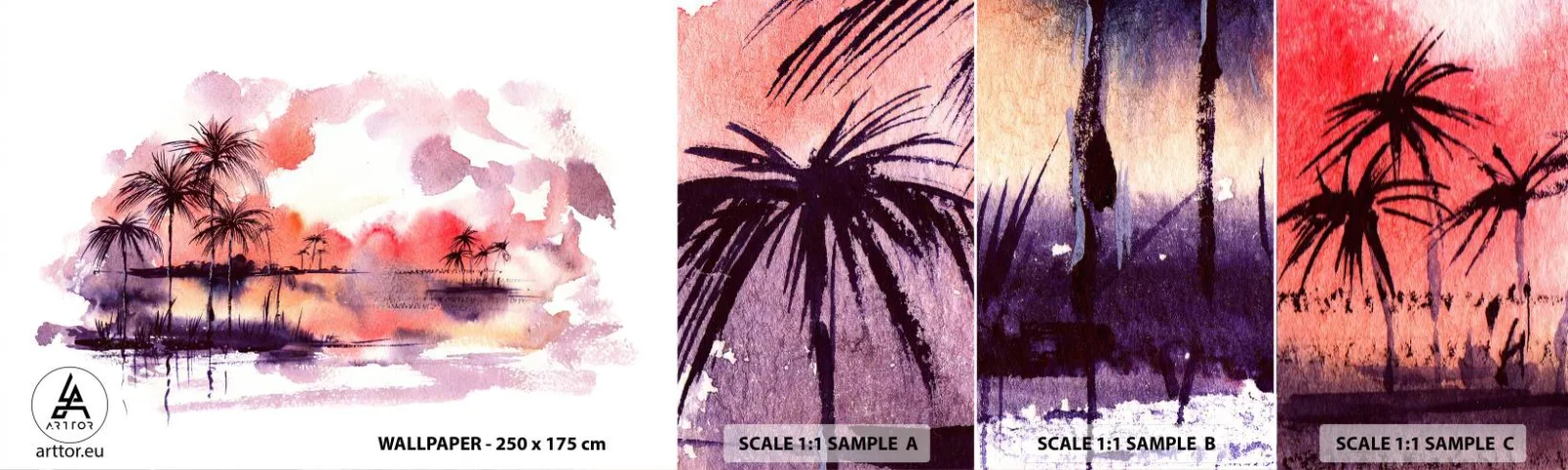 Fototapeten Muster Selbstklebend Deluxe Sticker - Die Ruhe der Tropen in Rot - Landschaft, Kokusnuss-Palme, Grafik - 100x30 cm