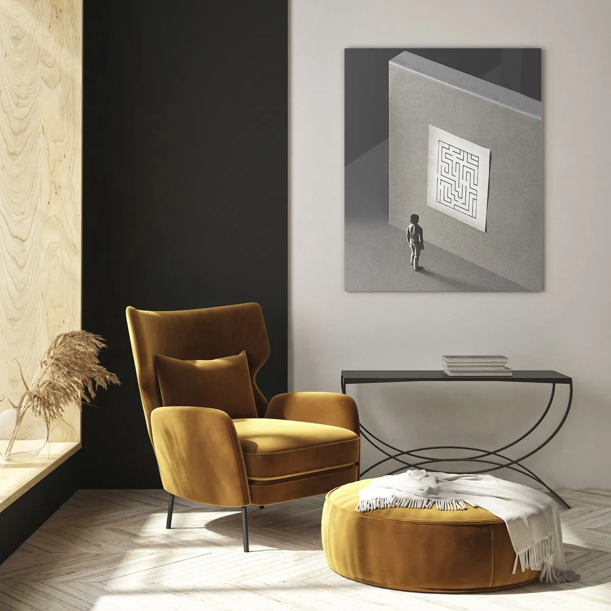 Glasbild - Bild auf glas - Kind in einem Labyrinth mit einem Rätselsymbol - 50x70cm - Aber wo bin ich? - Moderne Wanddekoration für Wohnzimmer und Schlafzimmer ARTTOR