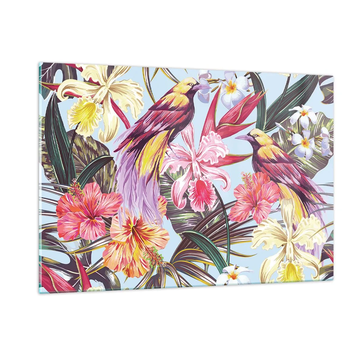 Glasbild - Bild auf glas - Exotische Vögel und Blumen auf hellem Hintergrund - 120x80cm - Blütenblätter und Federn - Moderne Wanddekoration für Wohnzimmer und Schlafzimmer ARTTOR