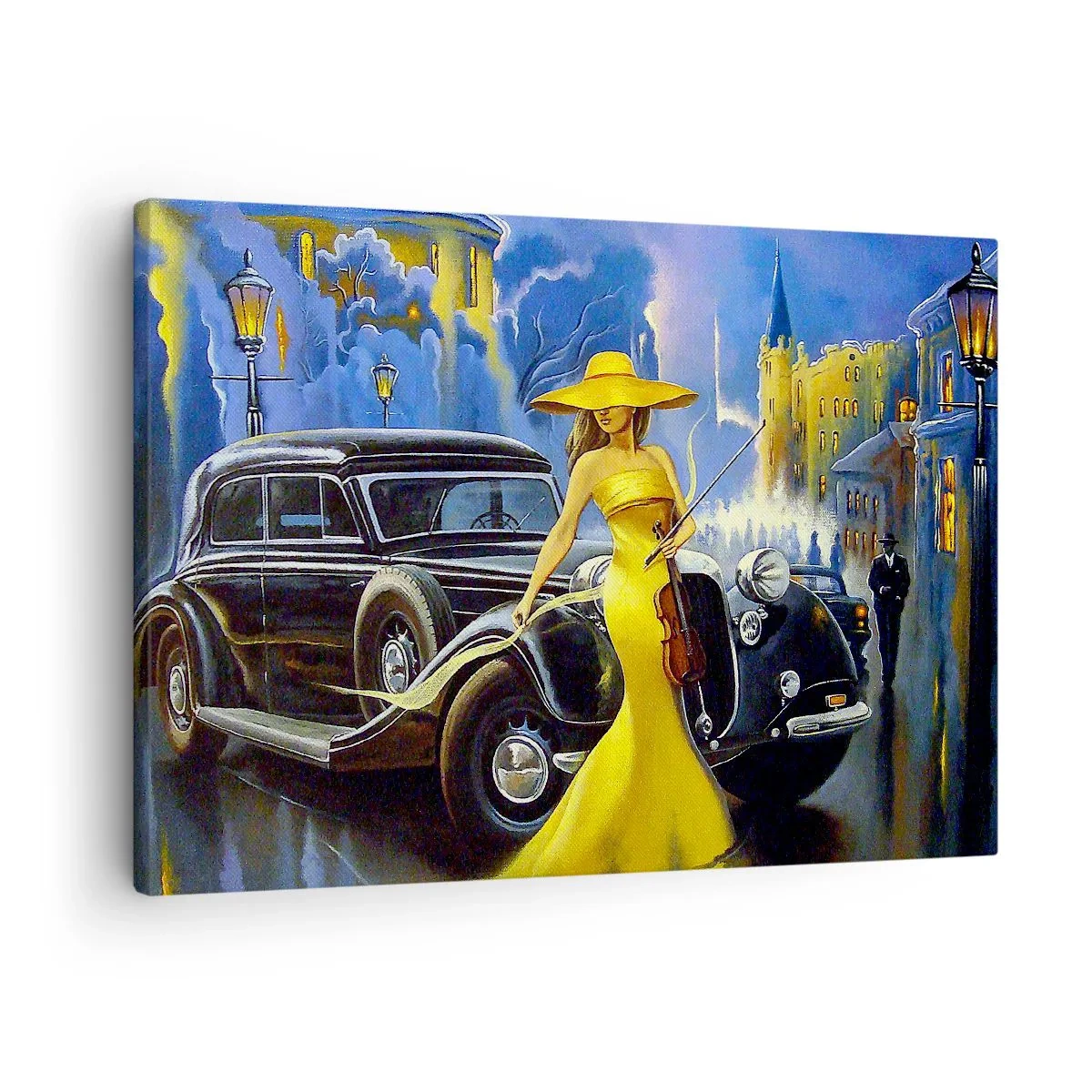 Bild auf Leinwand - Leinwandbild - Eine Frau in einem gelben Kleid mit einer Geige neben einem Retro-Auto. - 70x50cm - Nocturne für Violine und Liebe - Moderne Wanddekoration für Wohnzimmer und Schlafzimmer ARTTOR