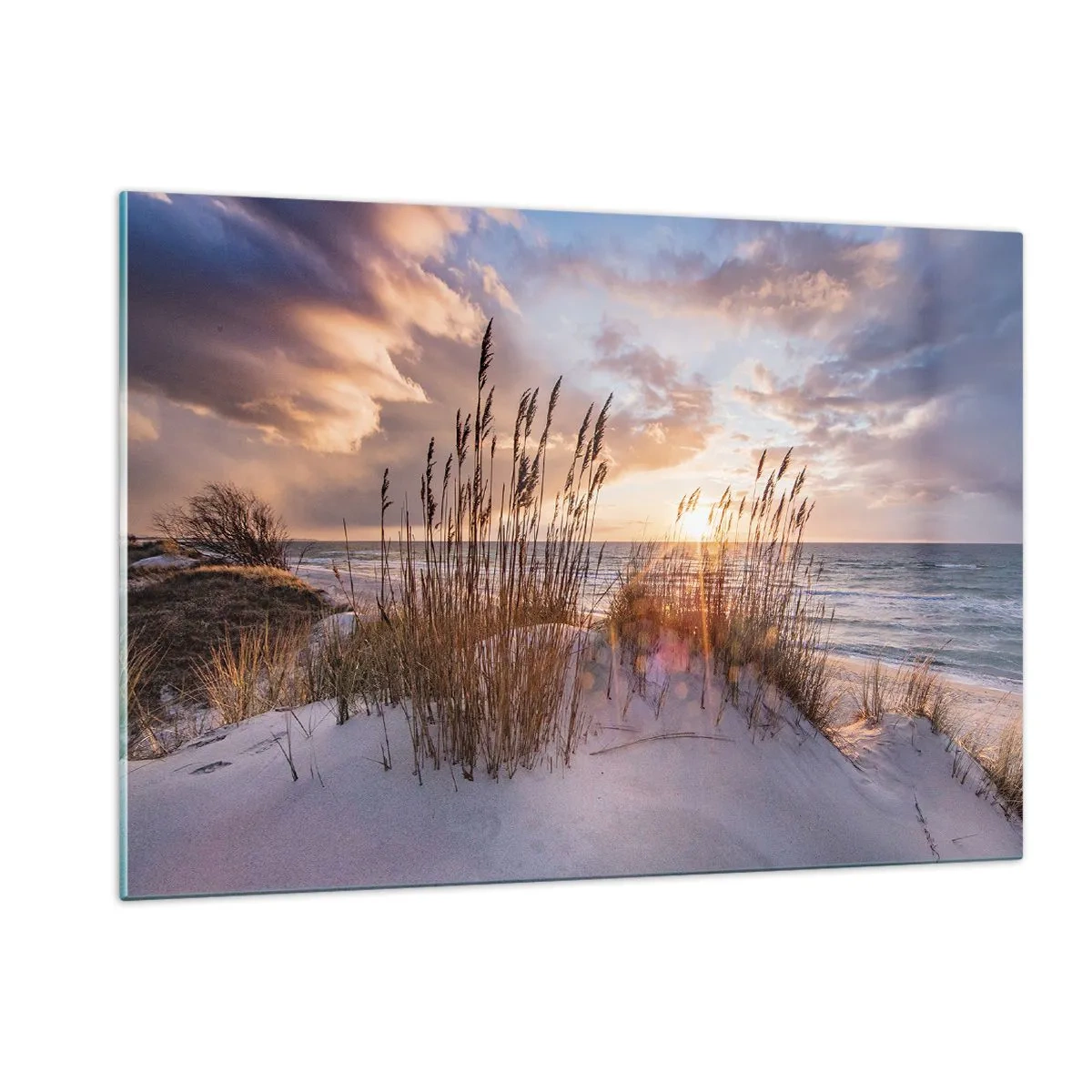Glasbild - Bild auf glas - Sonnenuntergang über dem Meer durch die Gräser am Meer gesehen - 120x80cm - Abschied von Sonne und Wind - Moderne Wanddekoration für Wohnzimmer und Schlafzimmer ARTTOR