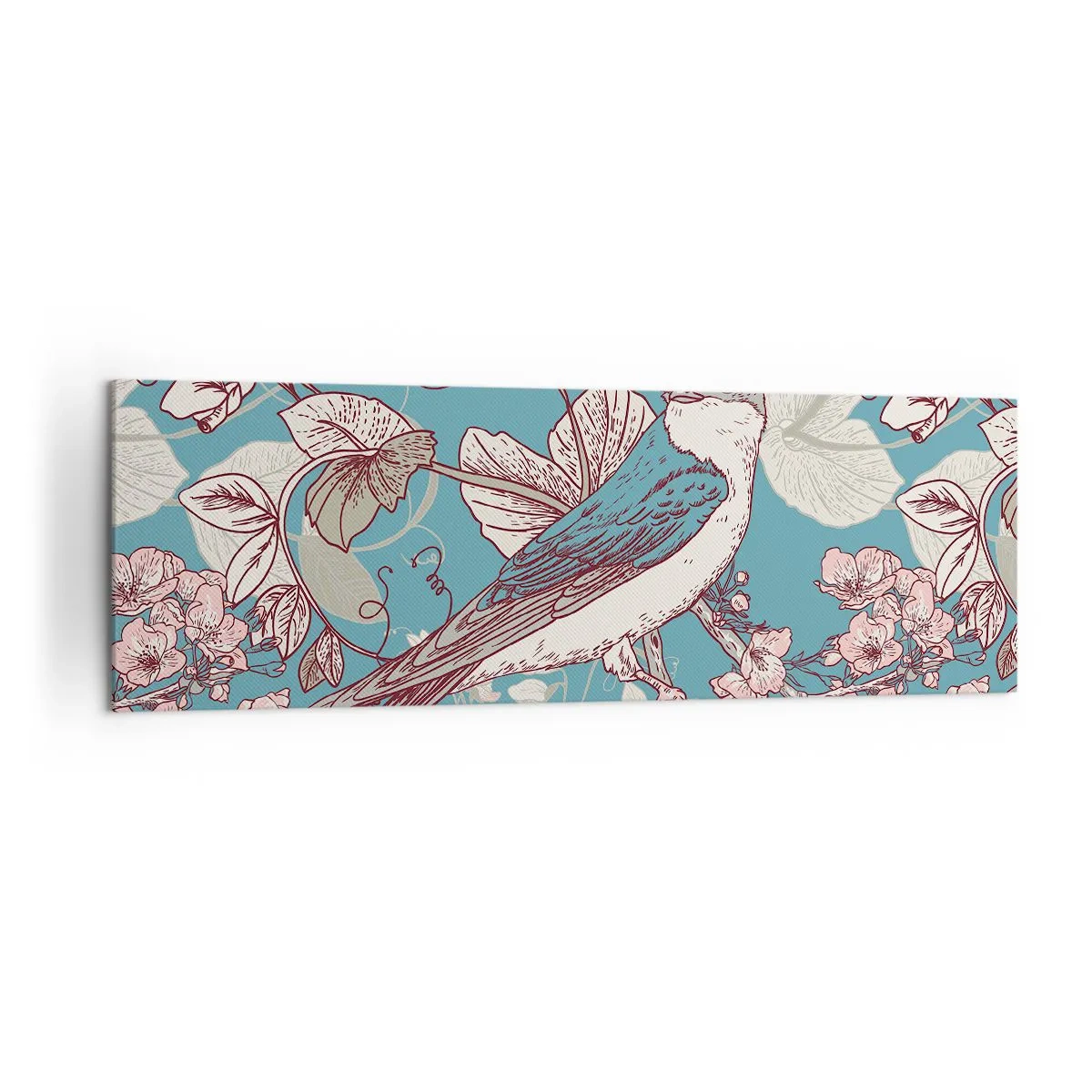 Bild auf Leinwand - Leinwandbild - Ein Vogel auf einem Ast in einem zarten Blumenstil - 160x50cm - Im Weißholz von Rot und Silber - Moderne Wanddekoration für Wohnzimmer und Schlafzimmer ARTTOR