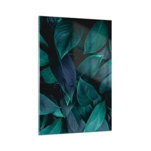 Glasbild - Bild auf glas - Nahaufnahme von grünen Blättern mit dunklem Hintergrund - 80x120cm - Grün in sich selbst - Moderne Wanddekoration für Wohnzimmer und Schlafzimmer ARTTOR