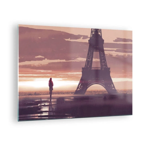Glasbild - Bild auf glas - Der Eiffelturm bei Sonnenuntergang mit der Silhouette einer Person - 70x50cm - Nur zwei davon - Moderne Wanddekoration für Wohnzimmer und Schlafzimmer ARTTOR