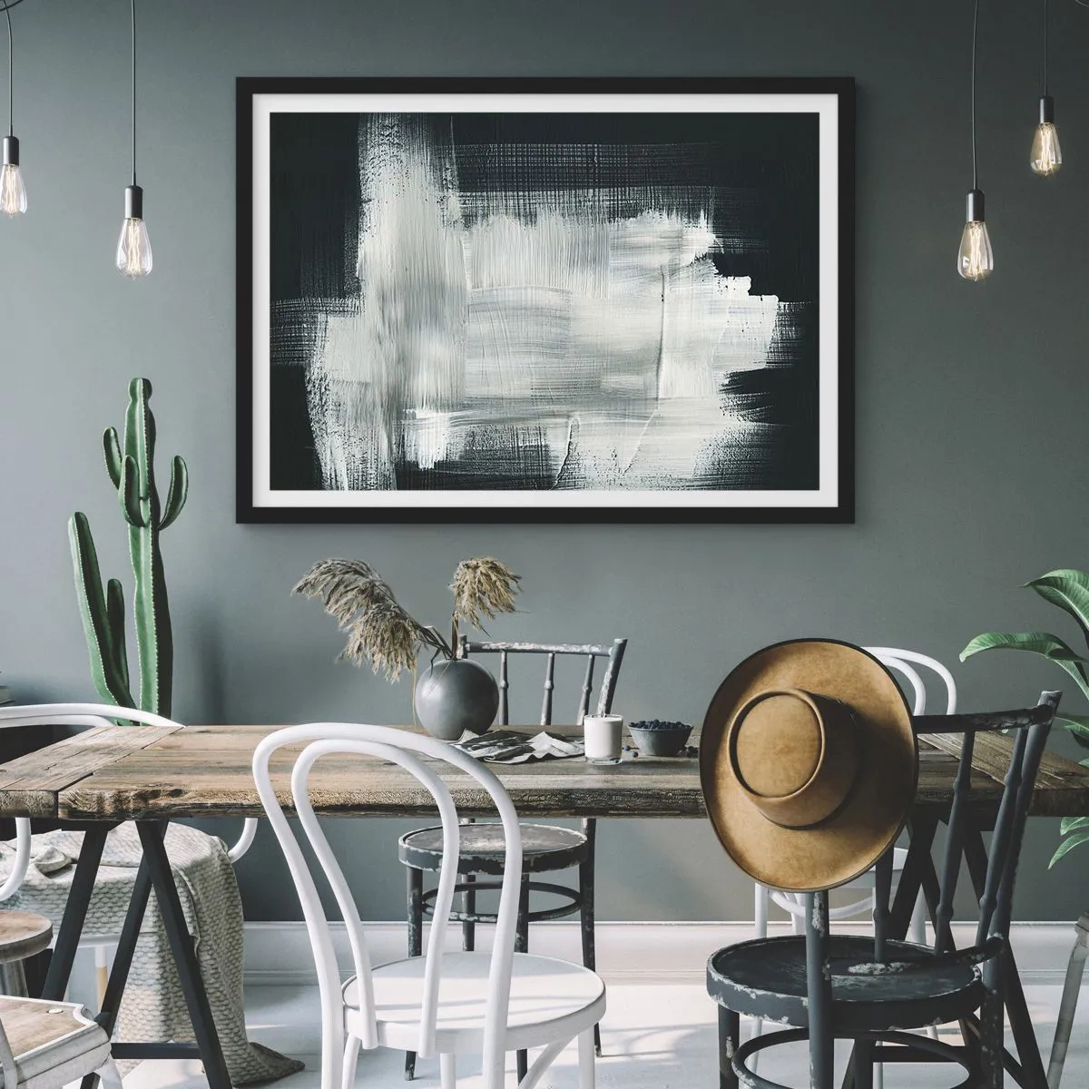 Poster in einem schwarzem Rahmen - Weiße abstrakte Striche auf dunklem Hintergrund - 70x50cm - Vertikal und horizontal gewebt - Moderne Wanddekoration für Wohnzimmer und Schlafzimmer ARTTOR