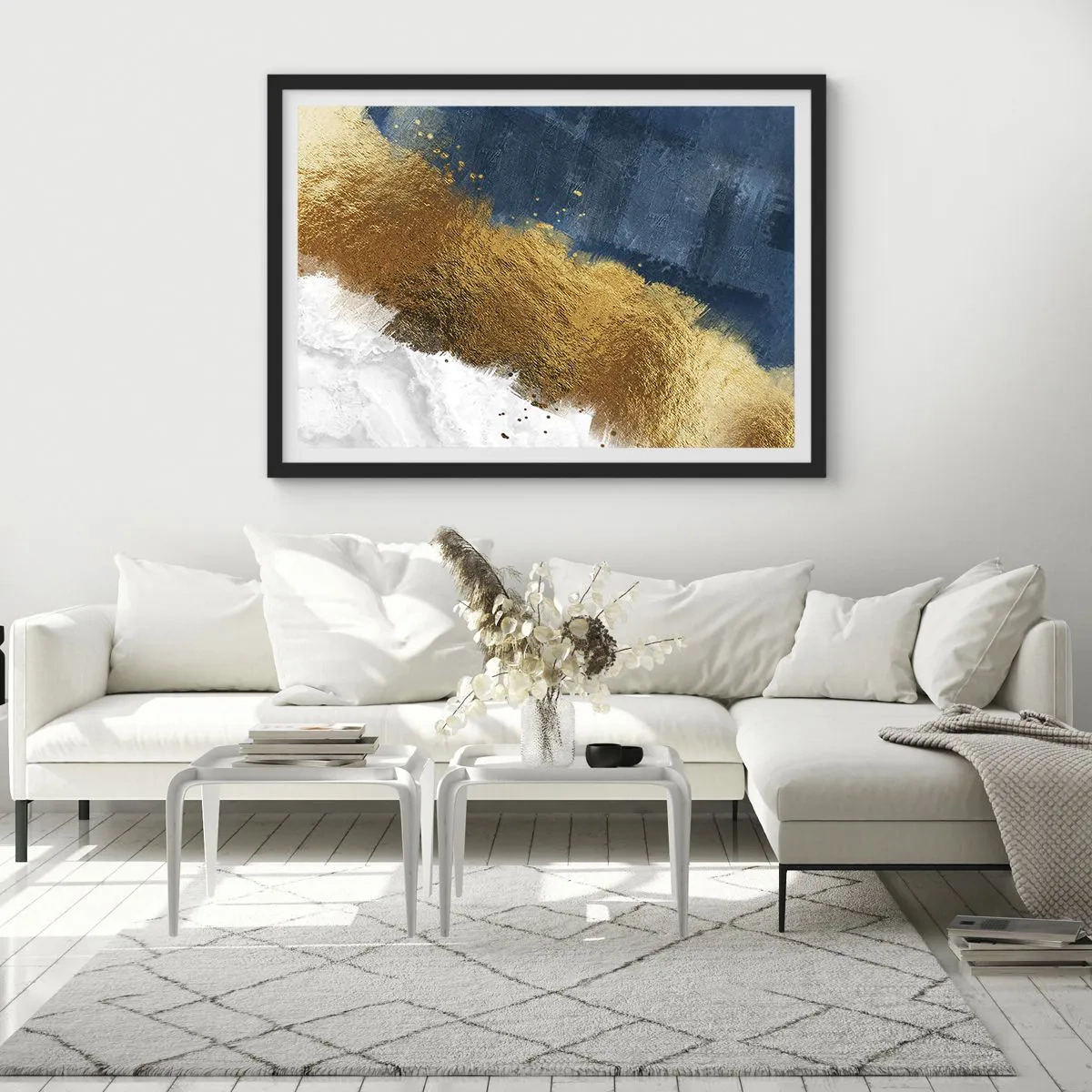 Poster in einem schwarzem Rahmen - Eine abstrakte Komposition in Gold-, Blau- und Weißtönen. - 70x50cm - Farben des Sommers - Moderne Wanddekoration für Wohnzimmer und Schlafzimmer ARTTOR