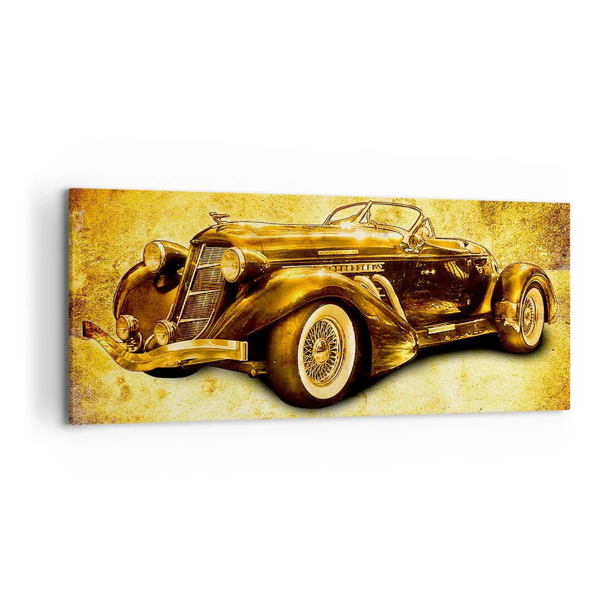 Bild auf Leinwand - Leinwandbild - Ein klassisches goldenes Retro-Cabrio vor einem Vintage-Hintergrund in warmen Farben. - 120x50cm - Elite der Elite - Moderne Wanddekoration für Wohnzimmer und Schlafzimmer ARTTOR