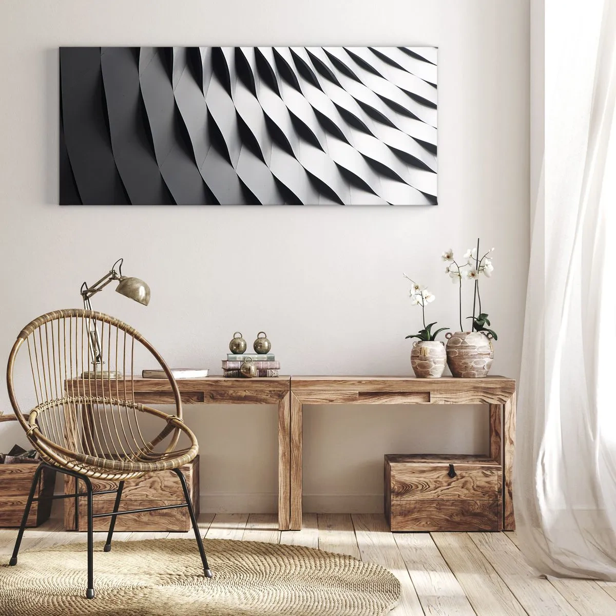 Bild auf Leinwand - Leinwandbild - Abstraktes geometrisches Muster in Schwarz-Weiß-Tönen - 160x50cm - Auf der Oberfläche der Wellen - Moderne Wanddekoration für Wohnzimmer und Schlafzimmer ARTTOR