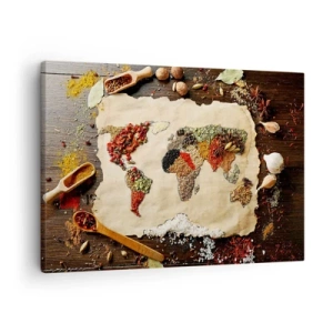 Bild auf Leinwand - Leinwandbild - Eine Weltkarte aus Gewürzen auf einem hölzernen Hintergrund. - 70x50cm - Alle Aromen der Welt - Moderne Wanddekoration für Wohnzimmer und Schlafzimmer ARTTOR