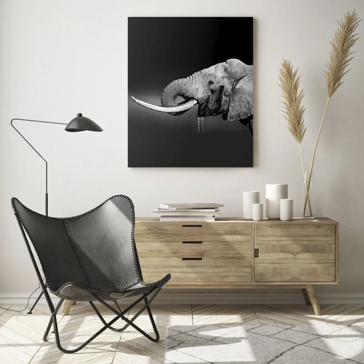 Glasbild - Bild auf glas - Schwarz-Weiß-Porträt eines Elefanten mit Rüssel - 50x70cm - Ja, gut jetzt - Moderne Wanddekoration für Wohnzimmer und Schlafzimmer ARTTOR