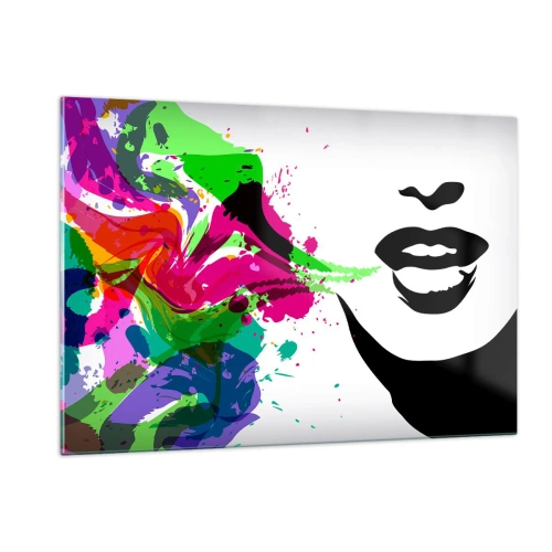 Glasbild - Bild auf glas - Eine farbenfrohe Abstraktion mit einem weiblichen Profil und Farbtupfern. - 120x80cm - Eine Geschichte in den Farben des Regenbogens - Moderne Wanddekoration für Wohnzimmer und Schlafzimmer ARTTOR