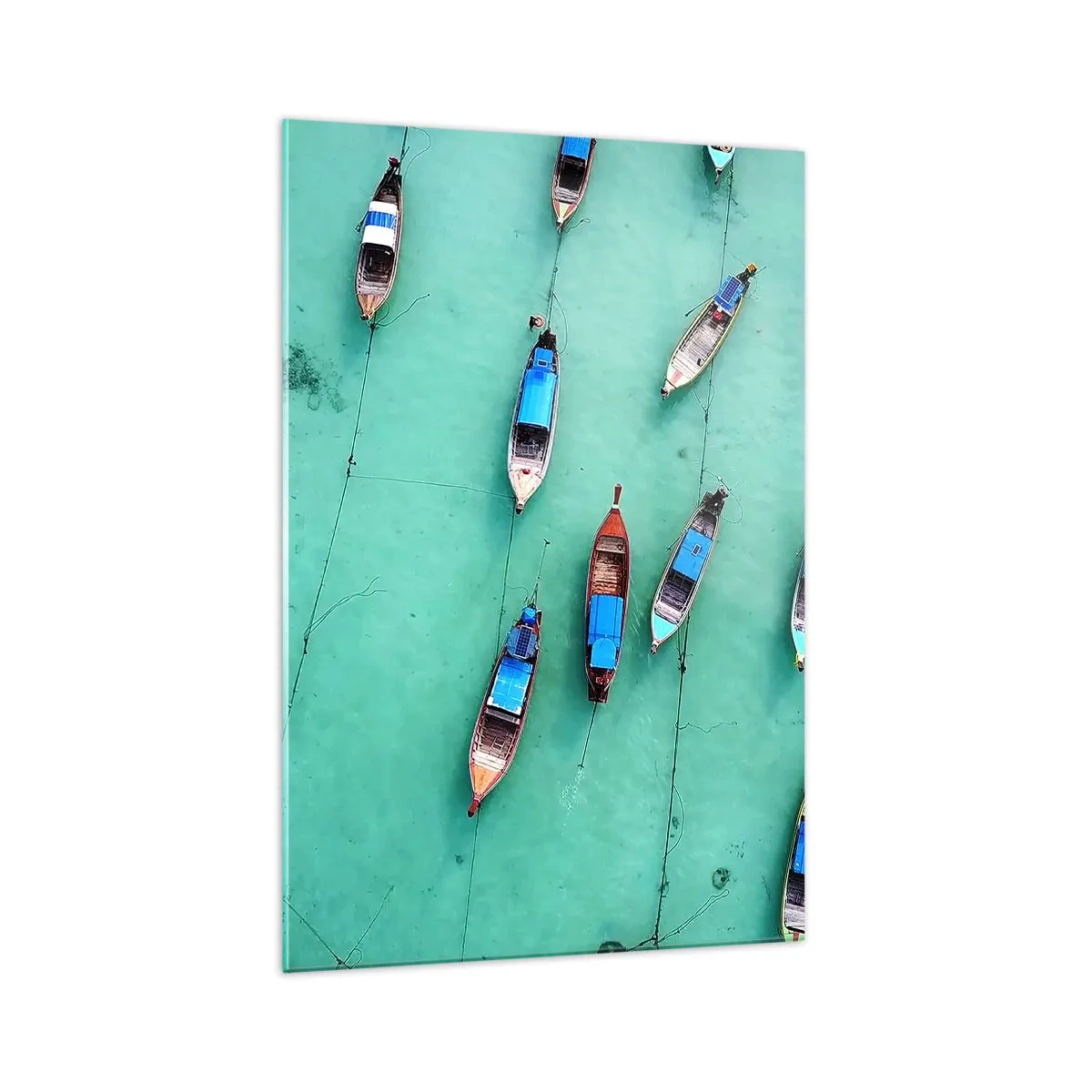 Glasbild - Bild auf glas - Boote auf türkisfarbenem Wasser aus der Vogelperspektive - 70x100cm - In freudiger Erwartung - Moderne Wanddekoration für Wohnzimmer und Schlafzimmer ARTTOR