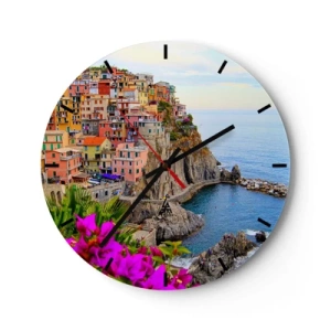 Wanduhr - Glasuhr - Bunte Gebäude auf einer Klippe über dem Meer mit Blumen im Vordergrund - 30x30cm - Lachende Stadt - Moderne Wanddekoration für Wohnzimmer, Küche und Schlafzimmer ARTTOR