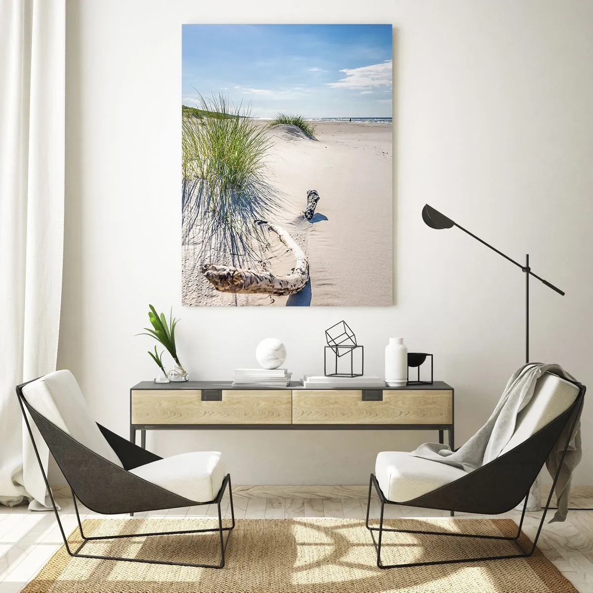 Glasbild - Bild auf glas - Ein sonniger Strand mit Dünen und Seegras - 50x70cm - Der schönste Strand? Ostsee-Strand - Moderne Wanddekoration für Wohnzimmer und Schlafzimmer ARTTOR