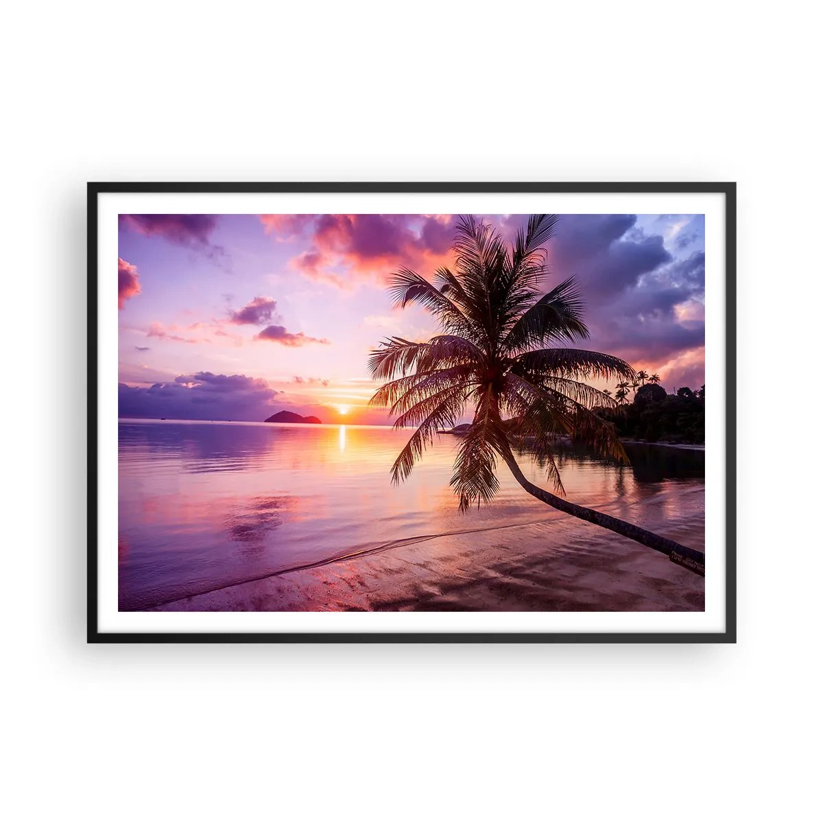 Poster in einem schwarzem Rahmen - Tropischer Strand mit Palmen bei Sonnenuntergang - 100x70cm - Behaglichkeit bis zum Horizont - Moderne Wanddekoration für Wohnzimmer und Schlafzimmer ARTTOR