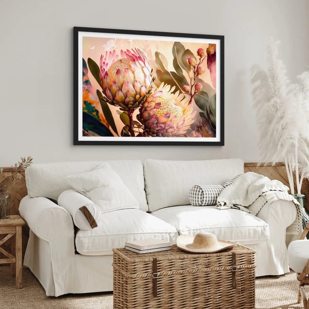 Poster in einem schwarzem Rahmen - Bunte Protea-Blüten auf zartem Hintergrund - 70x50cm - Zärtlich umarmt - Moderne Wanddekoration für Wohnzimmer und Schlafzimmer ARTTOR