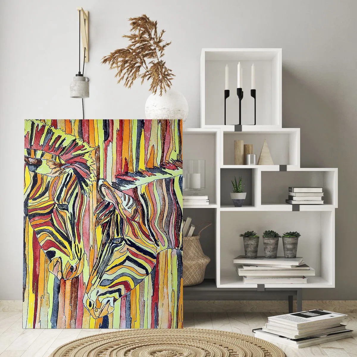 Glasbild - Bild auf glas - Bunte Zebras im künstlerischen Aquarell-Stil - 50x70cm - Also du auch... - Moderne Wanddekoration für Wohnzimmer und Schlafzimmer ARTTOR