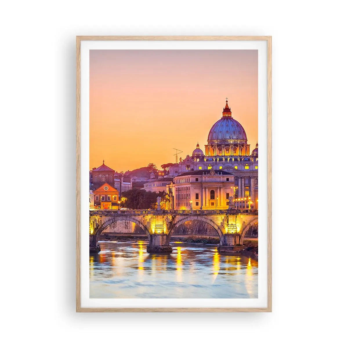 Poster in einem Rahmen aus heller Eiche - Sonnenuntergang über der ewigen Stadt - 70x100 cm