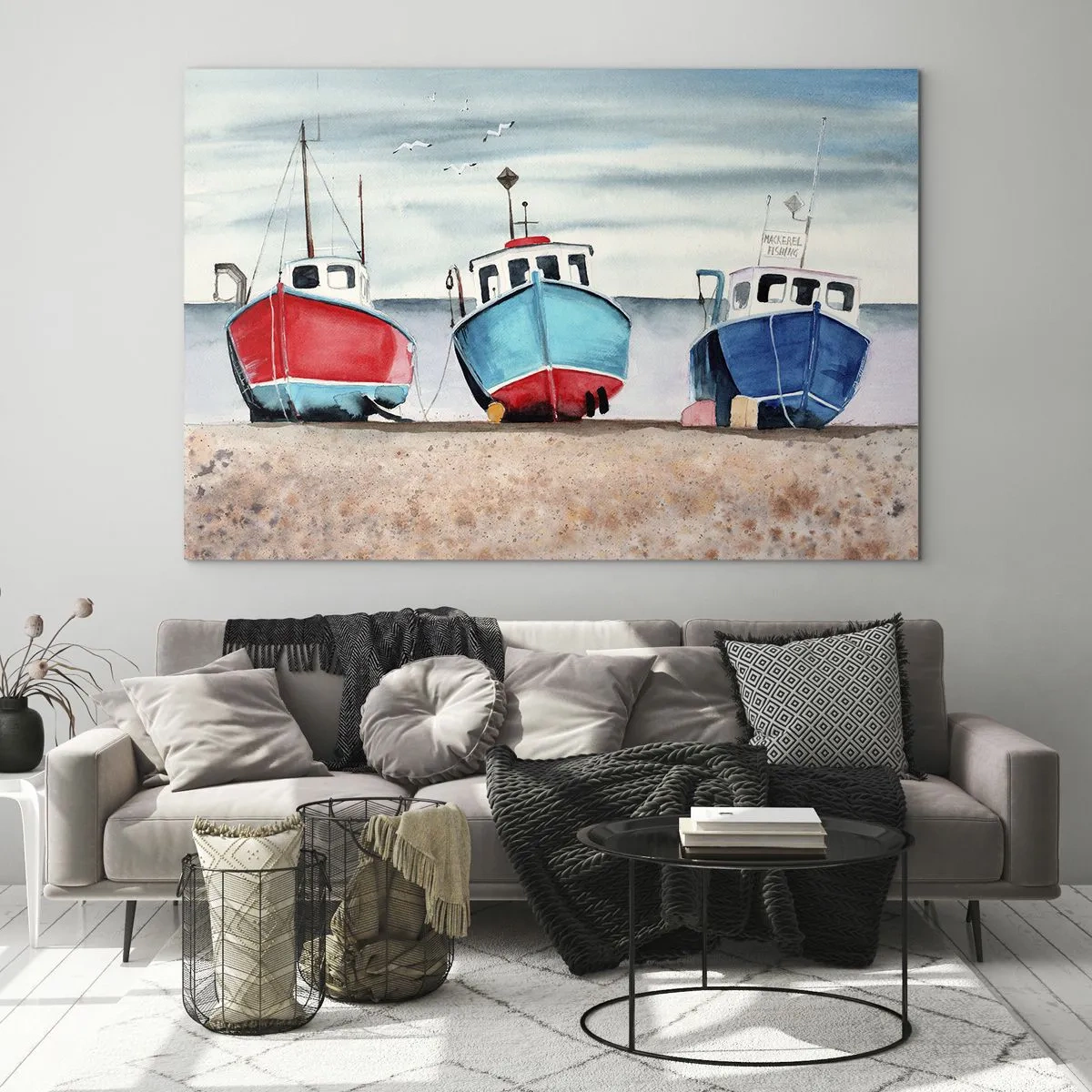 Glasbild - Bild auf glas - Drei bunte Fischerboote an der Küste - 70x50cm - Bereit zum Fang - Moderne Wanddekoration für Wohnzimmer und Schlafzimmer ARTTOR