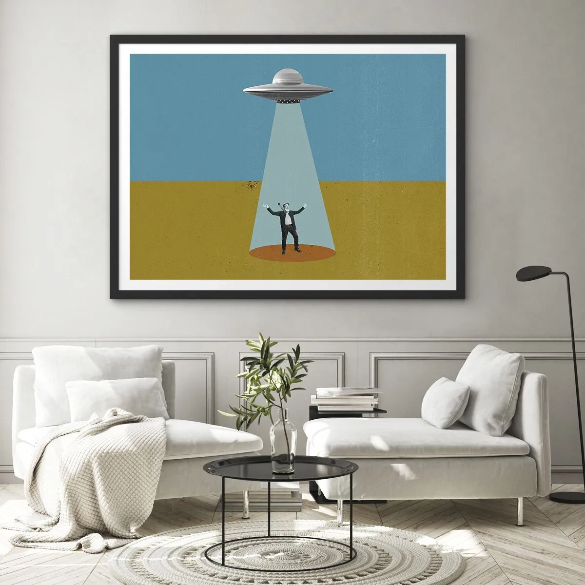 Poster in einem schwarzem Rahmen - Ein Mann im Licht eines UFOs vor dem Hintergrund einer farbenfrohen Landschaft - 100x70cm - Nahe Begegnung - Moderne Wanddekoration für Wohnzimmer und Schlafzimmer ARTTOR