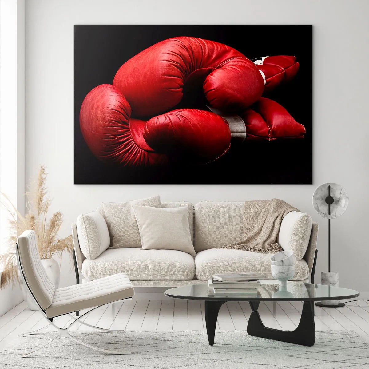 Glasbild - Bild auf glas - Rote Boxhandschuhe auf schwarzem Hintergrund - 100x70cm - Die Emotionen des Kampfes liegen hinter uns - Moderne Wanddekoration für Wohnzimmer und Schlafzimmer ARTTOR