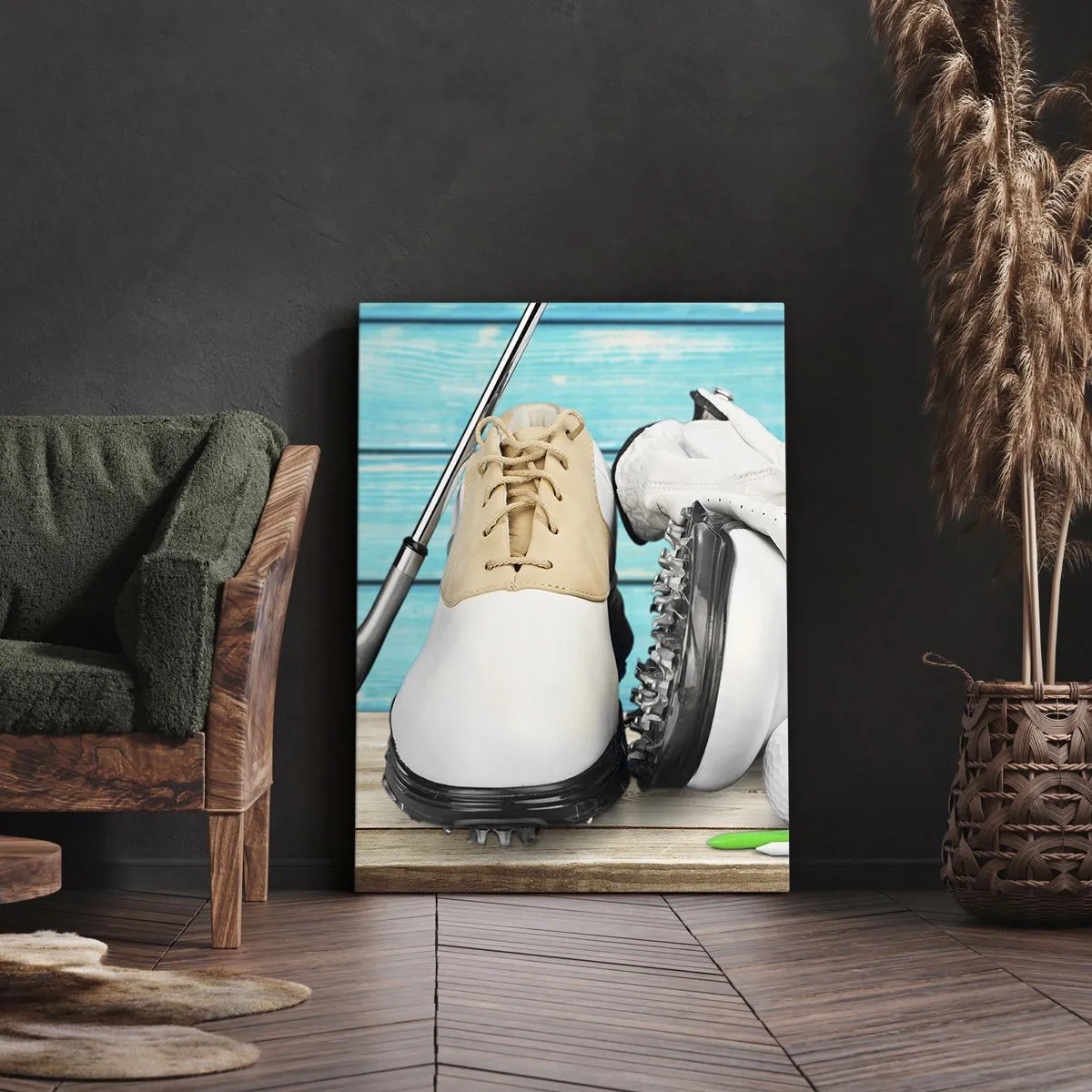 Bild auf Leinwand - Leinwandbild - Ein Set Golfzubehör auf einem hölzernen Hintergrund - 50x70cm - Alles ist bereit - Moderne Wanddekoration für Wohnzimmer und Schlafzimmer ARTTOR