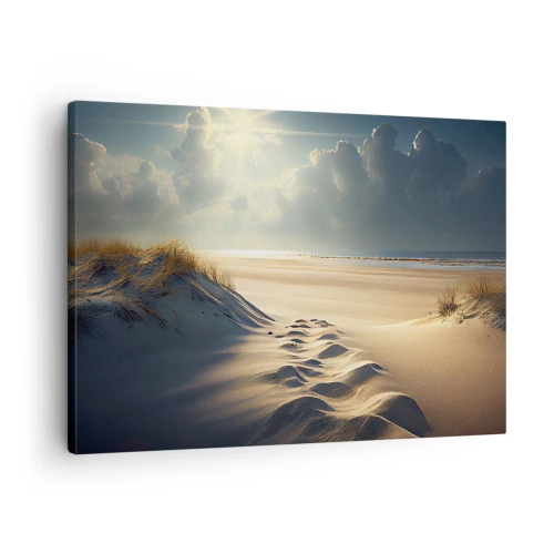 Bild auf Leinwand - Leinwandbild - Goldene Dünen am Strand bei Sonnenuntergang mit Blick auf das Meer - 70x50cm - Beruhigende Landschaft - Moderne Wanddekoration für Wohnzimmer und Schlafzimmer ARTTOR