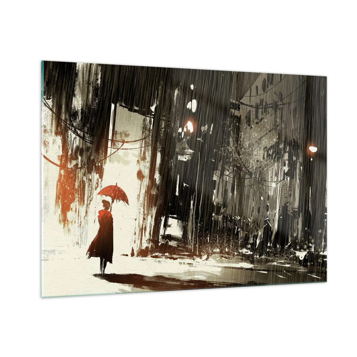 Glasbild - Bild auf glas - Eine Person mit einem roten Regenschirm im Regen vor einem dunklen Stadthintergrund. - 100x70cm - Die Poesie des roten Regenschirms - Moderne Wanddekoration für Wohnzimmer und Schlafzimmer ARTTOR