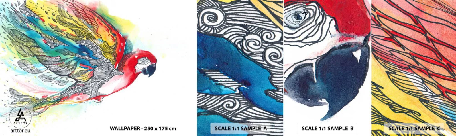 Fototapetenmuster Standard Eco - Leben Sie bunt - Vogel, Papagei, Bunte Federn - 100x30 cm