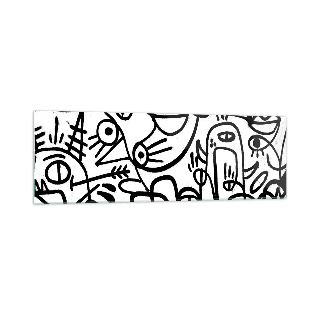 Glasbild - Bild auf glas - Schwarz-weiße abstrakte Zeichnungen mit Gesichtsmotiven - 160x50cm - Gesichter und Luftspiegelungen - Moderne Wanddekoration für Wohnzimmer und Schlafzimmer ARTTOR