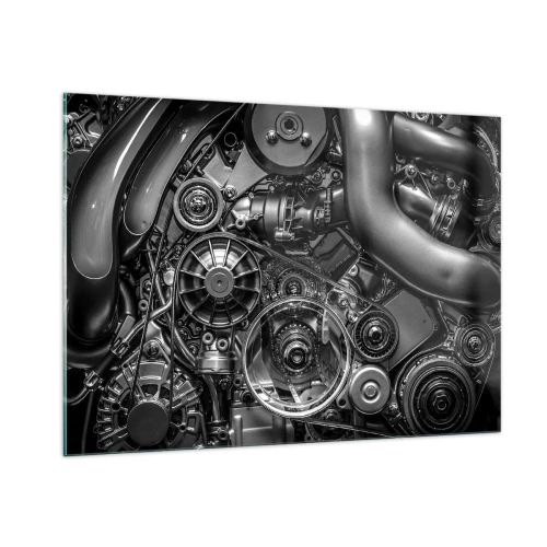 Glasbild - Bild auf glas - Detail eines schwarz-weißen Motors mit sichtbaren Mechanismen - 100x70cm - Die Poesie der Mechanik - Moderne Wanddekoration für Wohnzimmer und Schlafzimmer ARTTOR